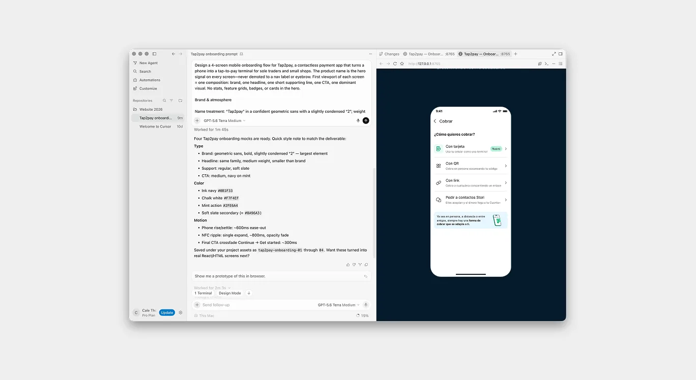Cursor agent building a Tap2pay onboarding prototype