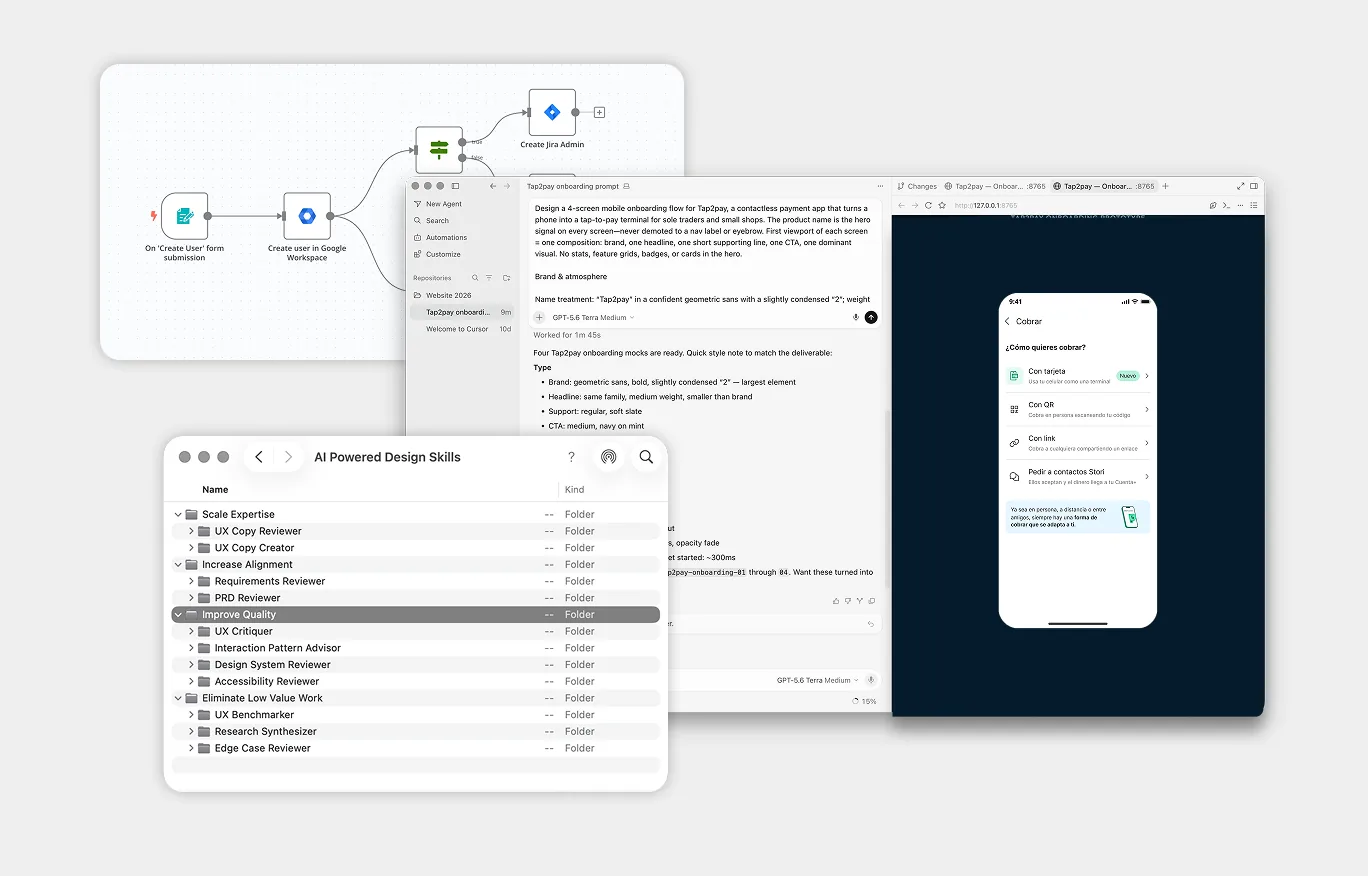 AI-native design workflow collage: Cursor, n8n automation, and design skill agents